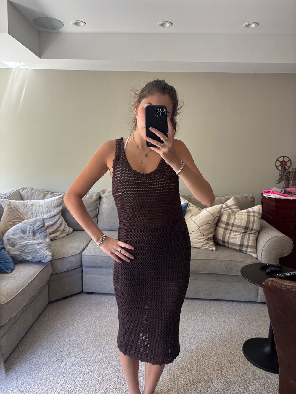 Aritzia Brown Crochet Midi Tank Dress